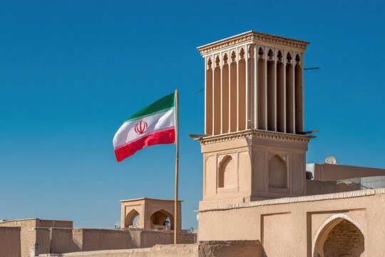 The Iran flag waving in front of a traditional Persian windcatcher (badgir) in Yazd, architecture,