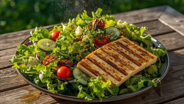 Grilled halloumi cheese with a mixed vegetable salad.