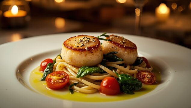 Grilled scallops with pasta, spinach, and tomatoes