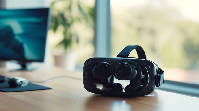 デスク上に置かれたVRヘッドセットのシルエットとニュートラルな背景