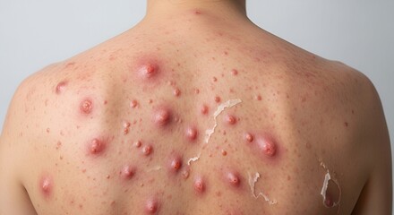 Naklejka premium Close Up of Severe Cystic Back Acne with Inflamed Nodules and Peeling Skin Patch on Light Gray Background