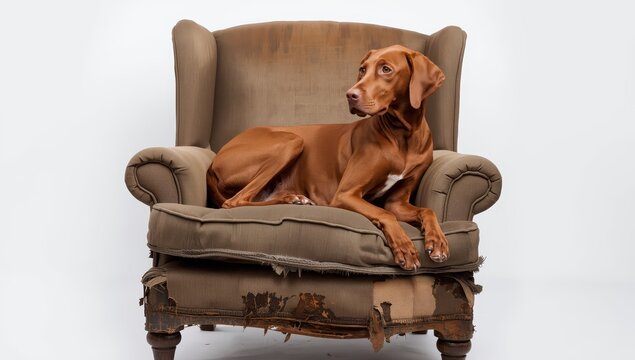 Hungarian Pointer lounging on a worn armchair, gazing sideways, empty space.