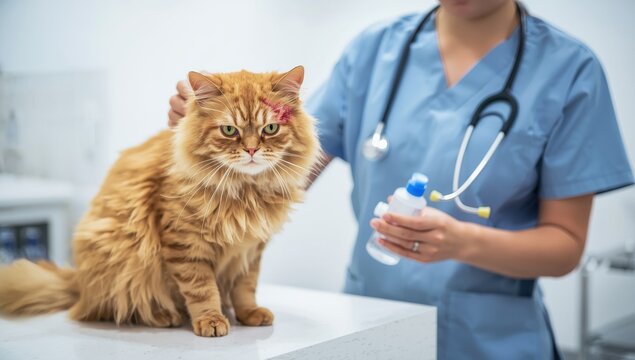 In a clinic, a vet cleans a bleeding injury behind a ginger cat's ear.