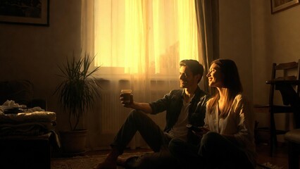 Obraz premium Young couple enjoying a peaceful moment together at home, bathed in warm golden sunlight streaming through the window, creating a cozy and intimate atmosphere as they relax