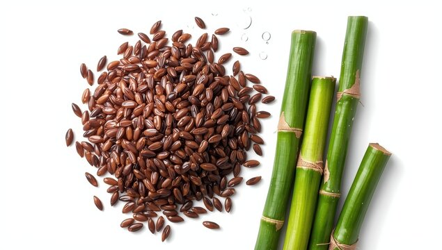 Isolated wild rice and bamboo shoot on a white backdrop.