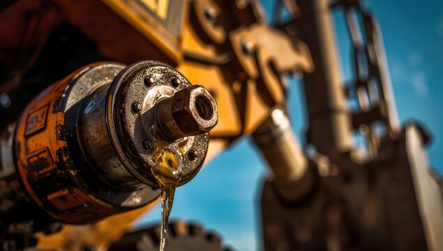 Large equipment featuring a hydraulic cylinder, pin, and grease leak under a blue sky.