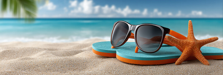Fototapeta na wymiar Orange sunglasses and turquoise flip flops rest on warm sand beside a starfish as gentle waves lap the shore under a clear blue sky, evoking a perfect summer escape