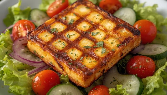 Low-carb ketogenic meal featuring fried halloumi and fresh salad. Clean Greek recipe.