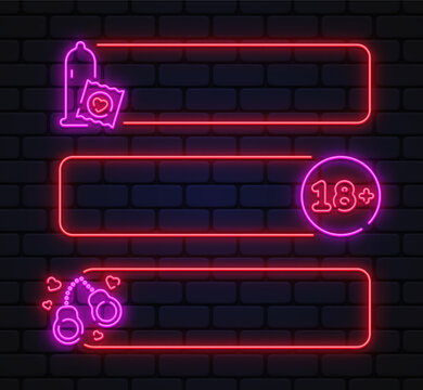 Neon vector horizontal frames set with adult symbols, 18 plus sign, and romantic icons. Perfect for menus, price lists, and club information boards.