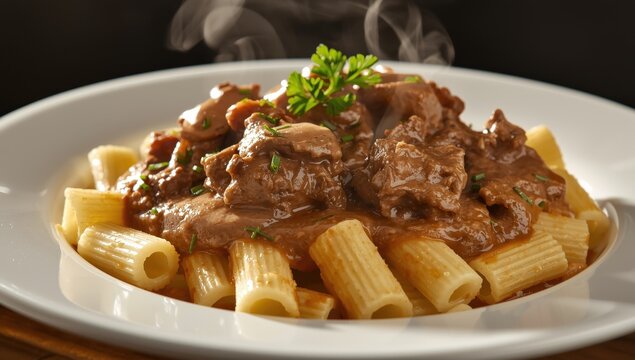 Rich meat sauce with rigatoni and herbs.