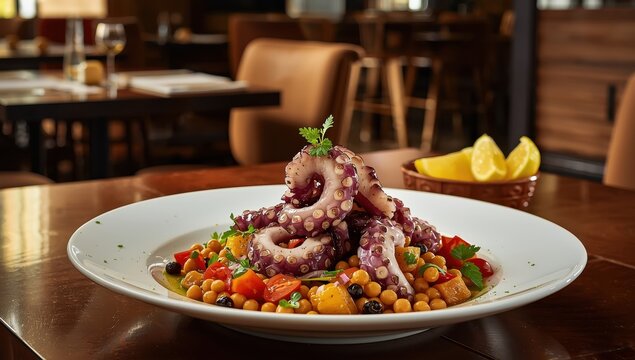 Salad with octopus, chickpeas, and vegetables. Classic Spanish salpicon tapa recipe.