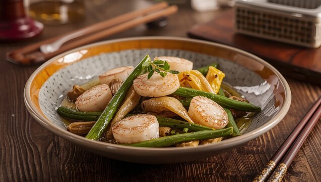 Saut&eacute;ed broad beans and lily bulbs with fresh and dried scallops.