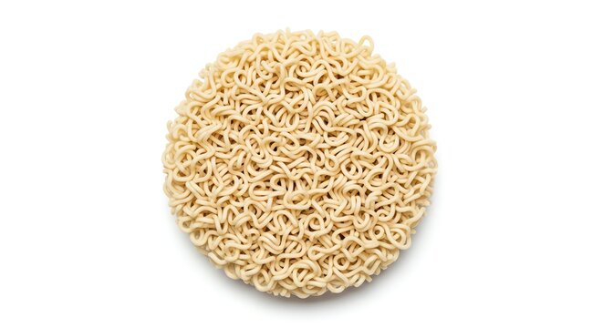 Round block of instant ramen noodles isolated on white background