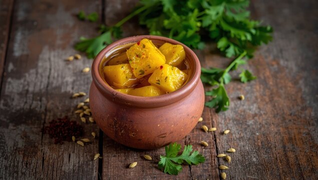 Spicy Punjabi mango pickle on a textured wooden surface, soft focus.