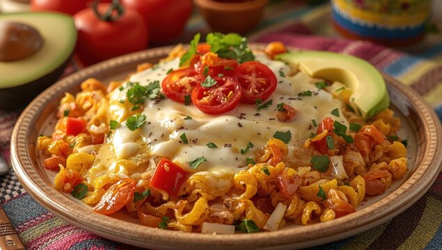 Tex-Mex migas featuring scrambled eggs with onions, red peppers, jalape&ntilde;os, cheese, garnished with cherry tomatoes, avocado, and cilantro.