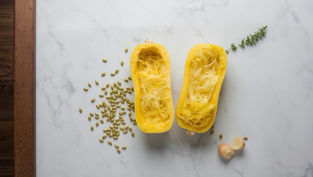 Top view arrangement of sliced spaghetti squash and seeds on a marble surface.