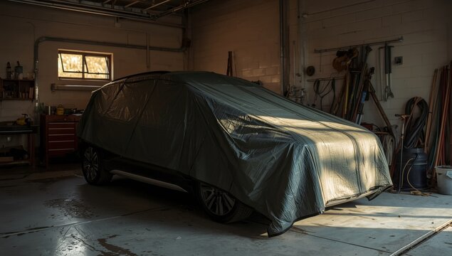 Vehicle canopy, curtain made from recycled tarpaulin for a new car
