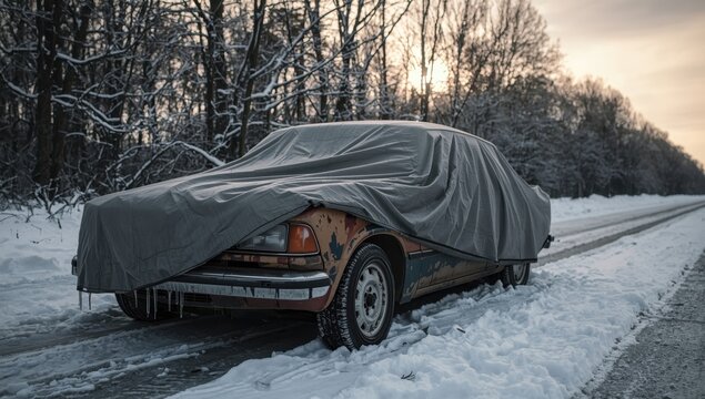 Vehicle shielded from elements by tarp.