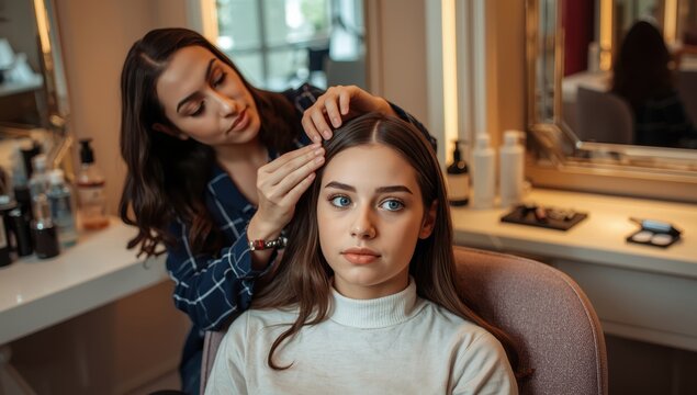 Young woman shaping her brows at a salon. Beauty idea. Specialist threads client&rsquo;s eyebrows. Close-up. Eyebrow shaping, threading.