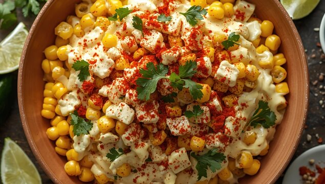 Bowl of esquite featuring Mexican street corn topped with mayo, cheese, chili powder, cilantro, and lime. Aerial perspective of classic elote, ideal for street food and Latin dishes.