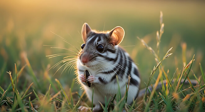 Close-up of a striped field mouse nibbling food in a sunlit grassy meadow at golden hour