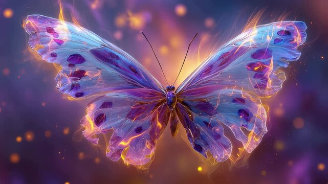 Vibrant Butterfly with Intricate Patterns and Shimmering Colors Against Ethereal Purple and Orange Background