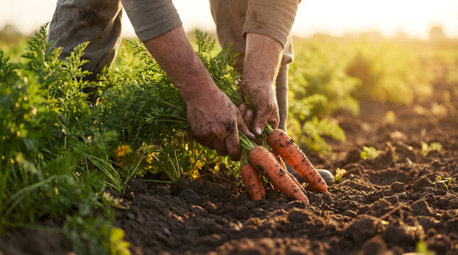 Farmer hands harvesting fresh organic carrots in field
