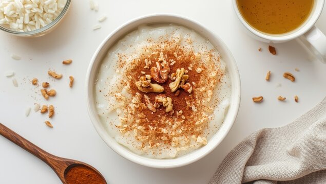 Bird's-eye view of rice pudding or porridge with milk, cinnamon, and walnuts for breakfast. Kheer recipe with milk and extras.