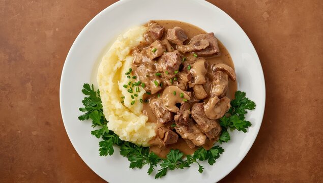 Plate of beef stroganoff with mashed potatoes, fresh herbs, and mushroom sauce on a brown background, viewed from above.