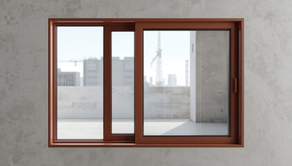 Fototapeta premium Perspective view of an open matte iron sliding window with a terracotta finish. Modern metal frame featuring a sliding glass panel for architectural visualization and design.
