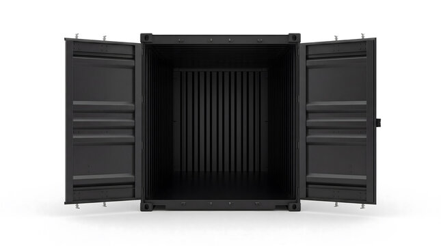 Black empty cargo shipping container with open doors