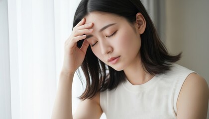 Fototapeta premium 5月病で頭を抱え目を閉じる若い女性 精神的なストレスと疲労