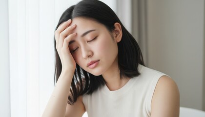 Fototapeta premium 5月病の重い気分で顔に手を当てる女性 深刻な悩みとストレス