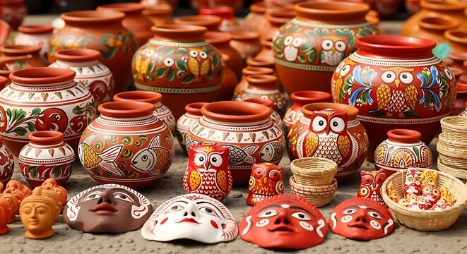 Colorful clay pots and masks on display at market or store with traditional designs and patterns