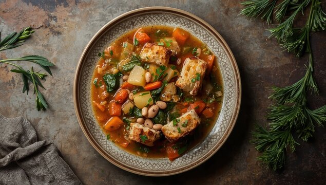 Bird's-eye view of Ribollita, a Tuscan soup featuring toasted bread and vegetables like cannellini beans, lacinato kale, cabbage, carrot, celery, potatoes, and onion. Italian cuisine.
