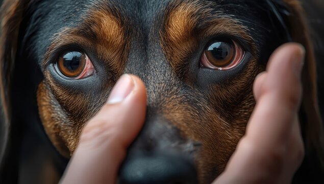 Dog's eyes display conjunctivitis and sorrow; watery and irritated eyelids indicate illness. Pet with eye infection requires veterinary attention.