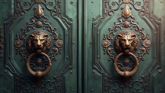 Detailed view of large green-tinged bronze and copper doors featuring lion-shaped knockers.