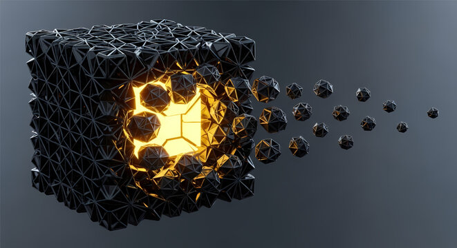 Nanoparticles bursting from a carbon nanotube cube structure with glowing yellow interior on dark background its illustration only