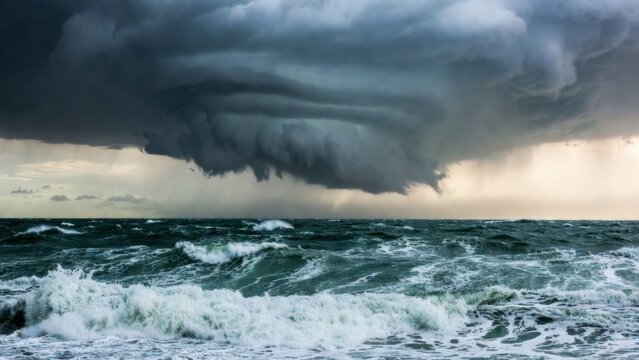 Churning sea with lowering mesocyclone cloud over open ocean
