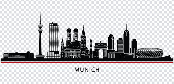 Vector illustration black and white illustration of munich city skyline with famous buildings