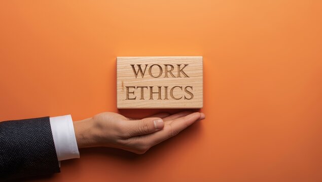 Symbol of work ethics on a wooden block with an orange backdrop. Businessman's hand. Concept of business and work ethics.