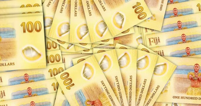 Fiji dollars Fijian money banknotes in a cash fan mosaic pattern loop. 100 FJD notes. Abstract concept of bank, finance, economy seamless and looped design background.