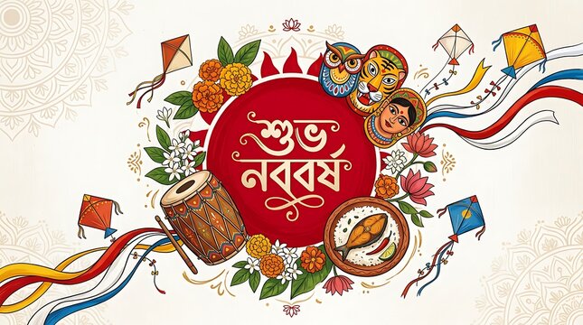 Poila Boishakh Bengali New Year celebration with traditional elements and kites