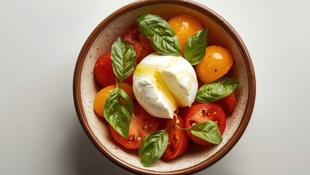 Bowl of Caprese salad featuring burrata and tomatoes on a light surface, viewed from above.
