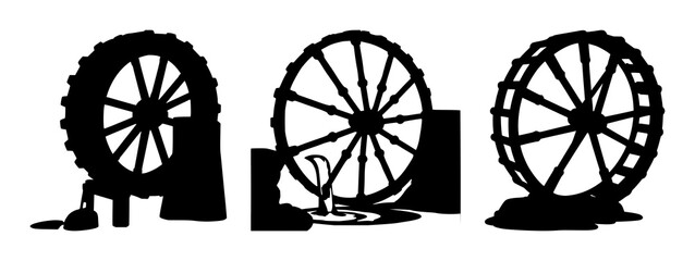 Fototapeta premium Water wheel set with black silhouette on white background featuring water wheel, hydropower, mechanical device with industrial and decorative
