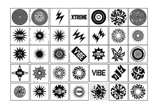 Graphic Set of Abstract Shapes and Dynamic Emblems Ideal for Edgy Streetwear and Modern Designs