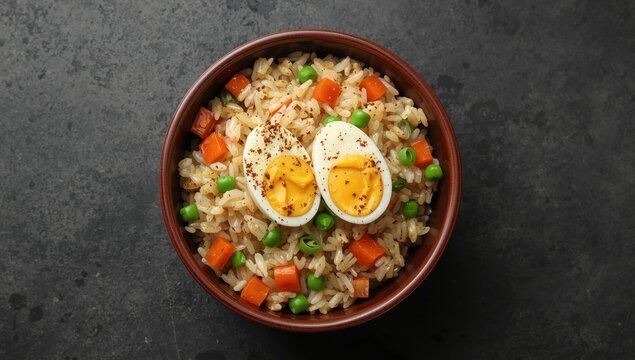Genuine Chinese and Asian fried rice with egg and veggies in a ceramic bowl, viewed from above on a dark rustic concrete surface. Classic Chinese dish with space for text.