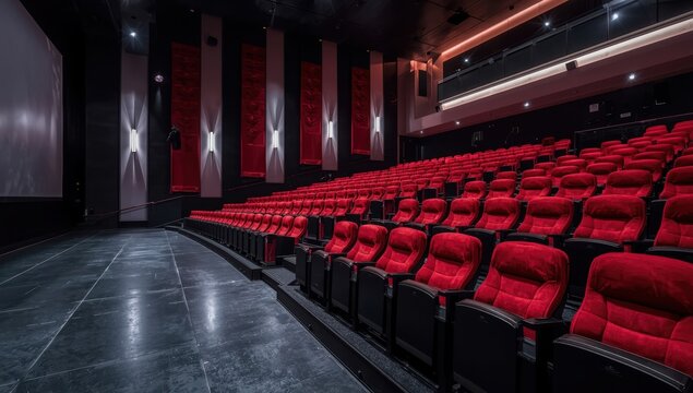 Red cinema seats are orderly. Vacant seats without viewers. Let's watch your preferred film. The movie will begin shortly.