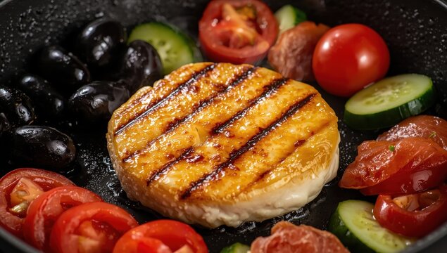 Close-up of grilled haloumi on a skillet with olives, tomatoes, cucumbers, and pepperoni.