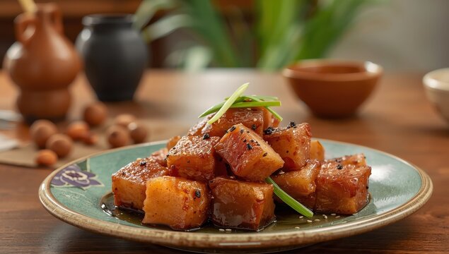 Okinawan dish Rafuthy features pork belly cubes simmered in awamori, soy sauce, dashi, and sugar.